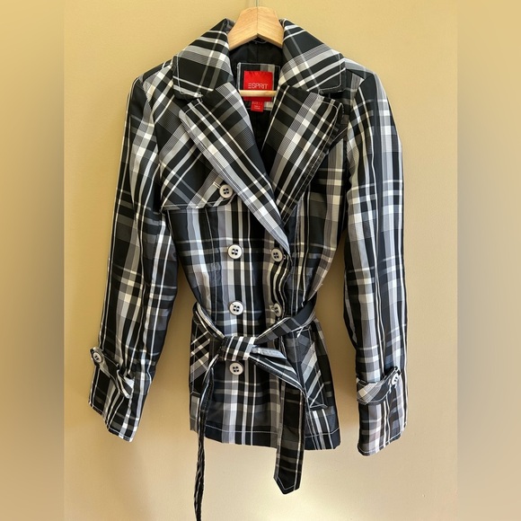 Esprit Jackets & Blazers - Espirit Black/White Plaid Trench Over Coat Womens Layering Classic Size XS
